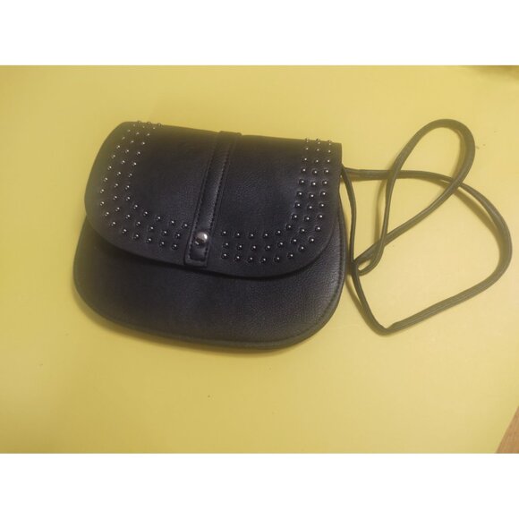 Black Leather sling bag with metal beading, has a button closure 8" x 7" - Picture 1 of 11